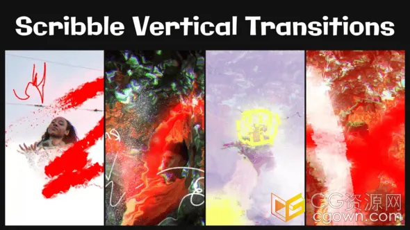 AE模板-毛刺故障和彩色涂鸦效果垂直过渡适合街头艺术社交媒体音乐视频