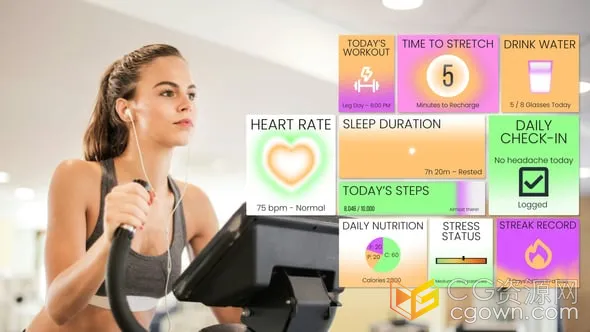 医疗保健应用小部件可穿戴UI健身仪表板数据统计跟踪等元素-AE模板