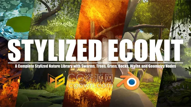 Blender插件Flora Assets: Stylized Nature Pack – Ecokit风格化自然植物花朵树木石头水体资产预设