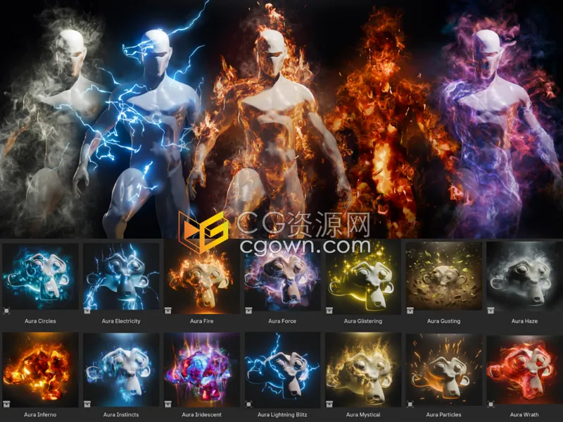 Blender插件Realtime Aura Fx Pack V1闪电火焰烟雾气流能量光环粒子特效资产预设