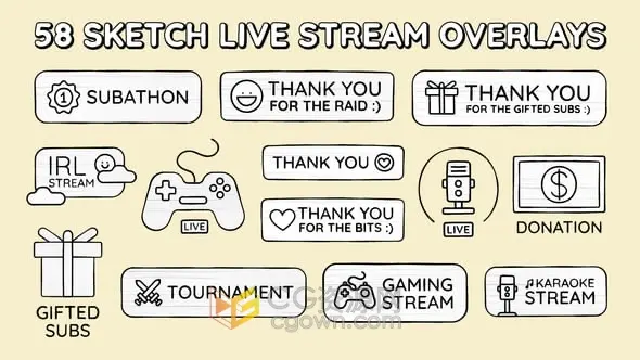 58个涂鸦草图网络直播主题流媒体图形元素-AE模板
