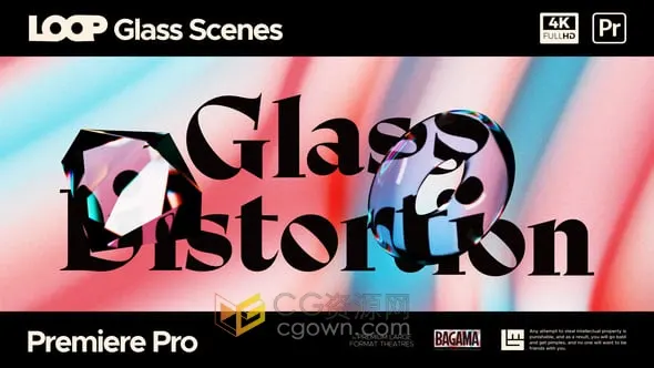彩色背景浮动玻璃元素折射扭曲闪烁效果4种循环动画标题场景-PR模板