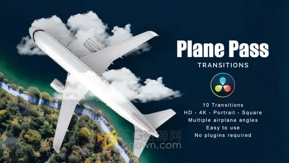 达芬奇模板-飞机飞行遮罩动画视频转场过渡效果