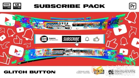 具有动态故障扭曲过渡失真闪烁和单击动画样式订阅点赞分享响铃按钮-PR模板