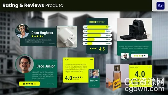 产品展示的动画评论评级五星推荐客户反馈UI信息介绍AE模板