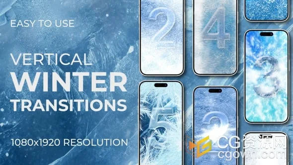 冬季霜冻冰雪冻结动画竖屏视频转场过渡AE模板