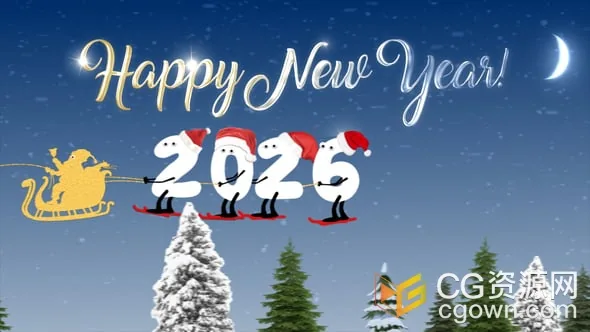 4K分辨率2026年卡通数字滑雪动画圣诞节视频片头-AE模板