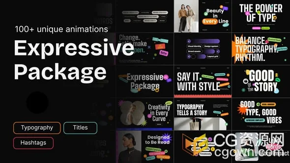 100+社交媒体话题标签现代贴纸文字标题AE模板Expressive Pack