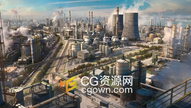 3D模型炼油厂重工业反应堆烟囱管道冷却塔储存装置建筑楼房Blender/3DS MAX格式