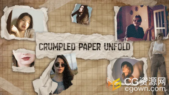 揉皱纸张展开动画展示照片与标题效果AE模板