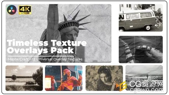 DR达芬奇模板-12种视觉效果纹理叠加纸张灰尘塑料VHS故障