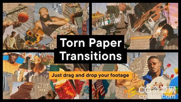 撕裂纸张质朴剪贴簿风格视频转场特效动画AE&PR模板