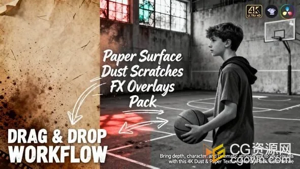 DR达芬奇模板-11种灰尘划痕纸张表面纹理效果叠加动画