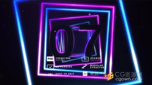 霓虹线条形状场景倒数视频开场片头-AE模板