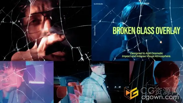 玻璃破碎动画裂痕纹理叠加视觉效果AE模板
