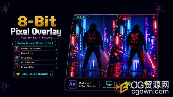 8-Bit位像素叠加层视频生成复古街机视觉效果画面AE模板