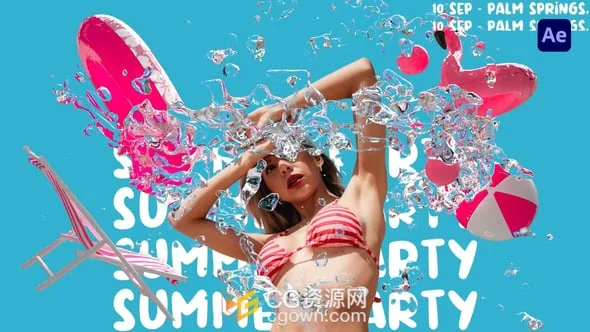 夏季主题水花溅射效果开场动画宣传视频片头AE模板+背景音乐
