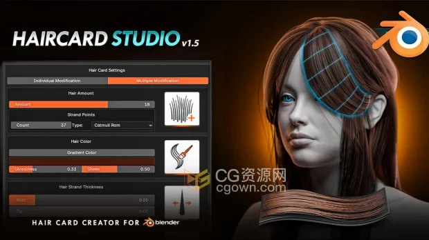 Blender插件Hair Card Studio 1.5创建毛发卡片制作生成工具-CG资源网 Blender插件Hair Card Studio 1.5创建毛发卡片制作生成工具